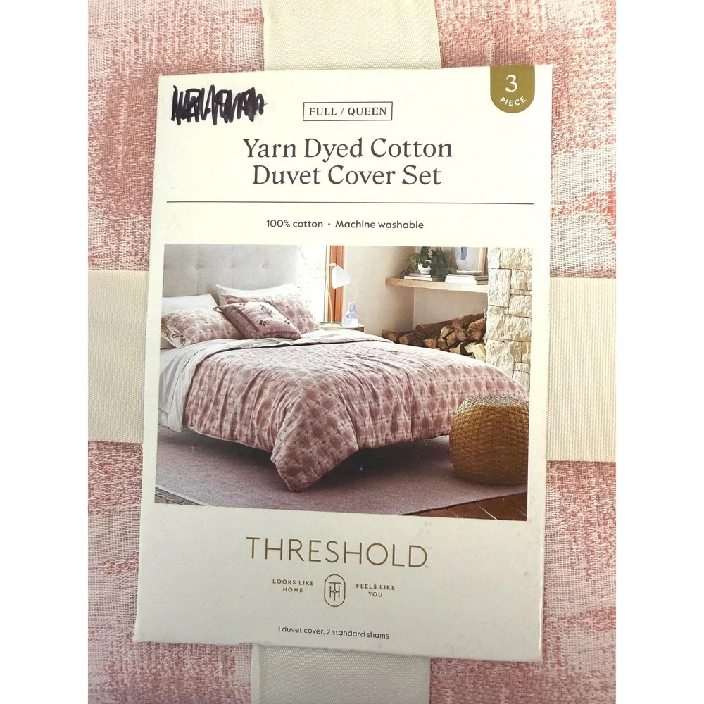 Threshold Duvet Cover Set Full/Queen Pink Yarn Dyed Cotton 3pc Abstract Plaid
